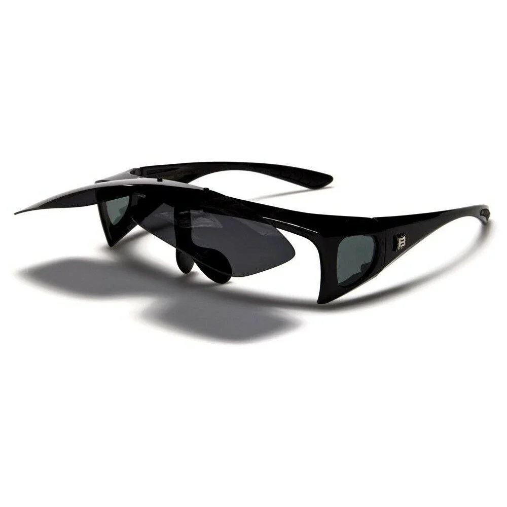 Polarized Flip-up Lens Black Semi Rimless Over The Glasses Sunglasses